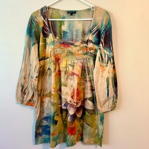 Jessica Max Colourful Artistic Lotus Long Top With 3/4 Sleeves Size Xl